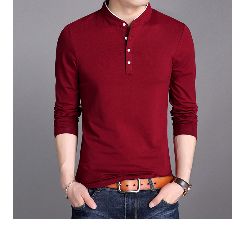 Men Stand Collar Long Sleeve 100%Cotton T-Shirt Korean Fashion Slim Polos