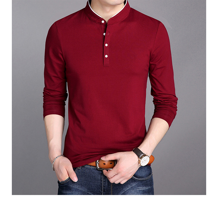 Men Stand Collar Long Sleeve 100%Cotton T-Shirt Korean Fashion Slim Polos