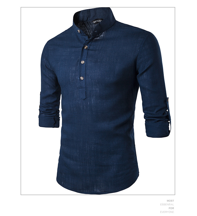 Solid color long-sleeved stand-up collar linen slim fit pullover shirt