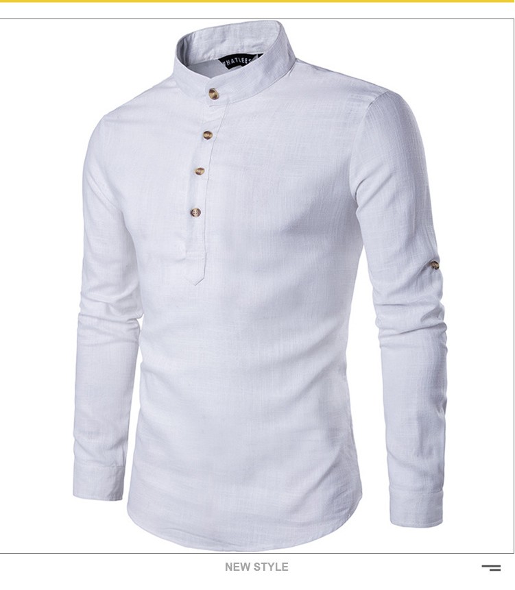Solid color long-sleeved stand-up collar linen slim fit pullover shirt