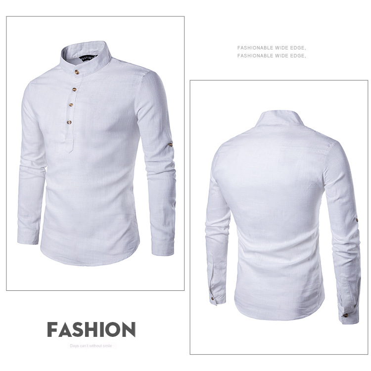 Solid color long-sleeved stand-up collar linen slim fit pullover shirt