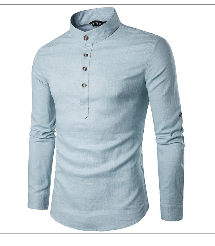 Solid color long-sleeved stand-up collar linen slim fit pullover shirt
