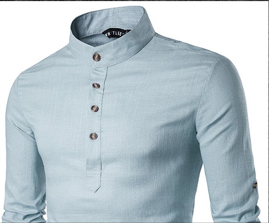 Solid color long-sleeved stand-up collar linen slim fit pullover shirt