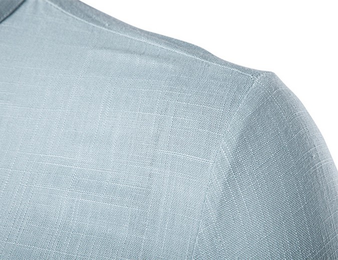 Solid color long-sleeved stand-up collar linen slim fit pullover shirt