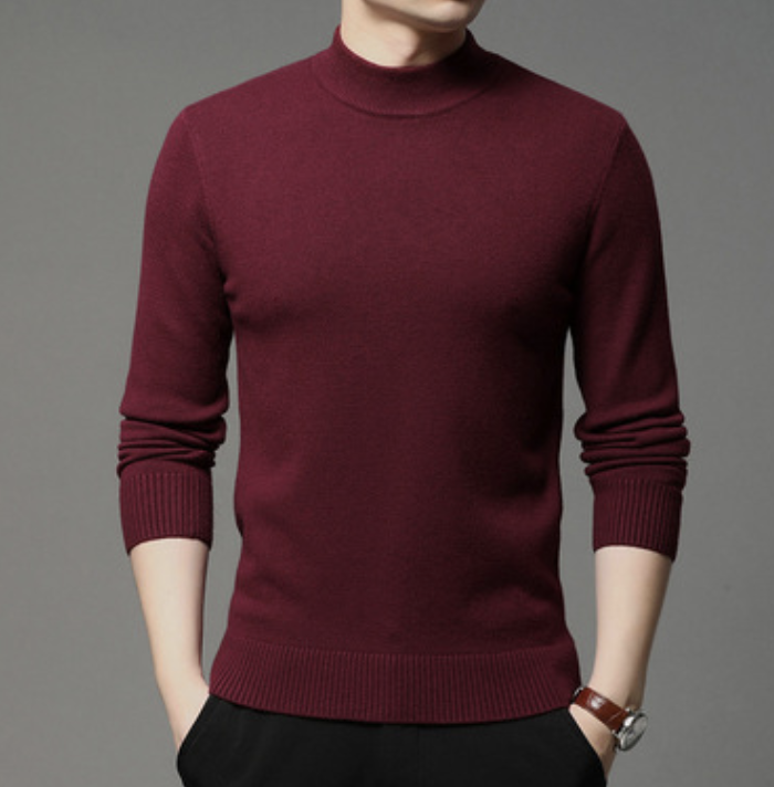 Semi high collar men&apos;s round neck solid color fashion Pullover Sweater