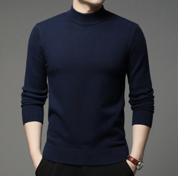 Semi high collar men&apos;s round neck solid color fashion Pullover Sweater