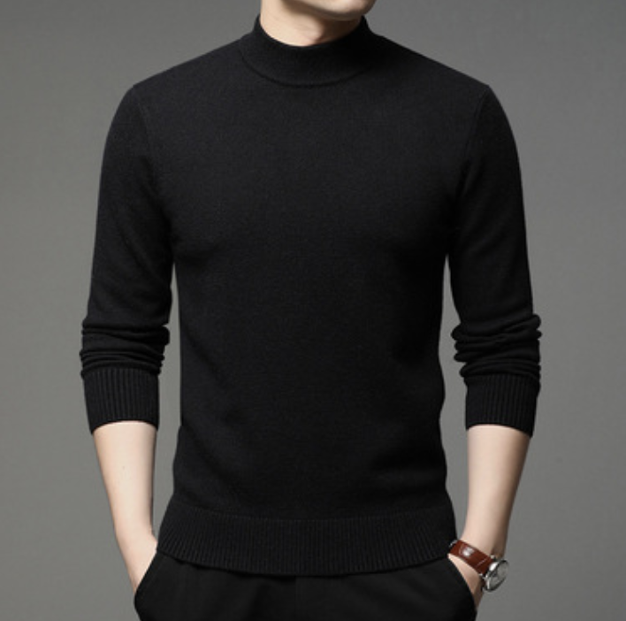 Semi high collar men&apos;s round neck solid color fashion Pullover Sweater
