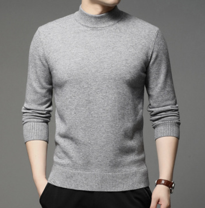 Semi high collar men&apos;s round neck solid color fashion Pullover Sweater