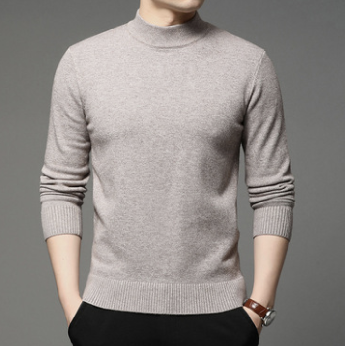 Semi high collar men&apos;s round neck solid color fashion Pullover Sweater