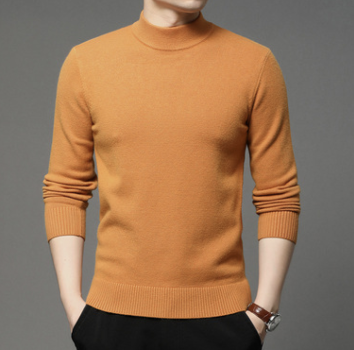 Semi high collar men&apos;s round neck solid color fashion Pullover Sweater