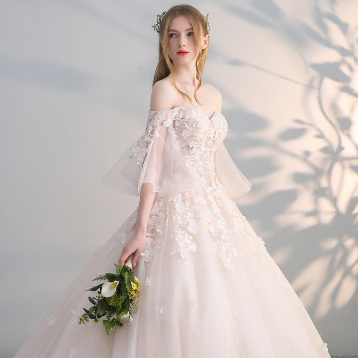 New Lace One Shoulder Summer New Bride Long Sleeve Wedding Dress S