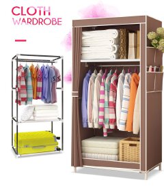 Jaza Keja Portable Single Column Metallic Wardrobe Closet Clothes Metallic Organizer Non-Woven Fabric Cover with 3 Storage Shelves 2 Hanging Sections