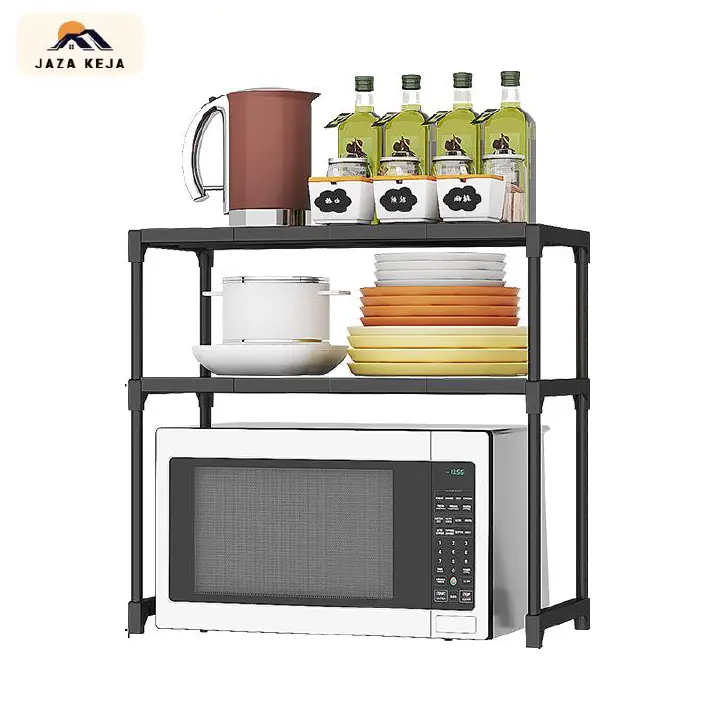Jaza Keja 2 Layer Microwave Oven Rack Steel Pipe Support Moisture Rust Proof Kitchen Countertop Organizer Microwave Stand Utensils Tableware Storage Shelf