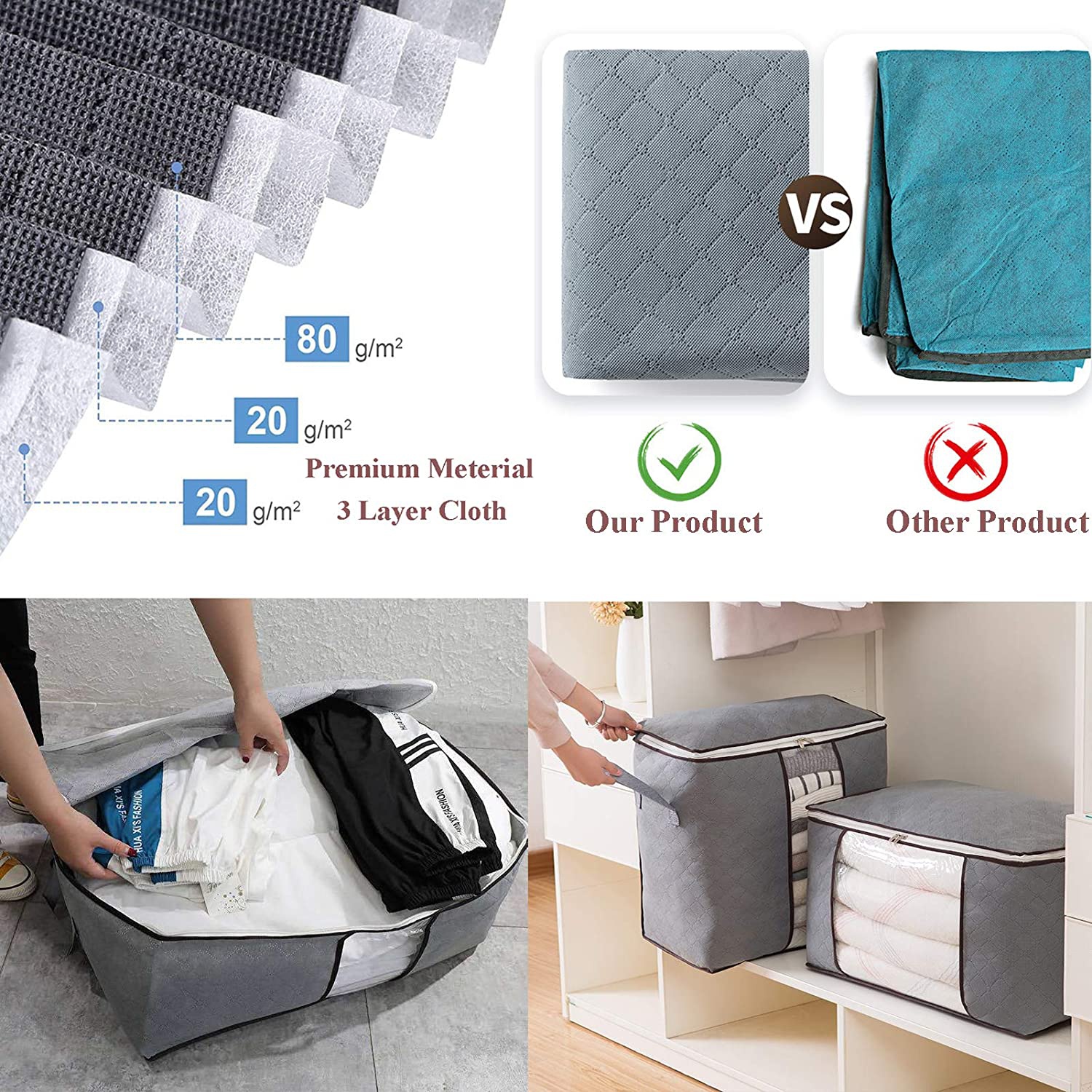 Non-woven Storage Bag for Clothes Comforter Quilt Blanket Pillow with Clear Window Handles Zipper