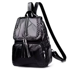 New Arrival  Casual Ladies Backpack Pu Tassel Student Travel School Bag Black one size