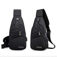 New Arrival 1PCS Men's Casual Canvas Chest Bag USB Smart Shoulder Bag Canvas Men's Chest Bag Black one size