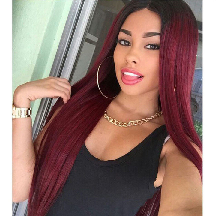 Women&apos;s Long Straight Wig African Colour Gradual Change Fiber Hair Wig