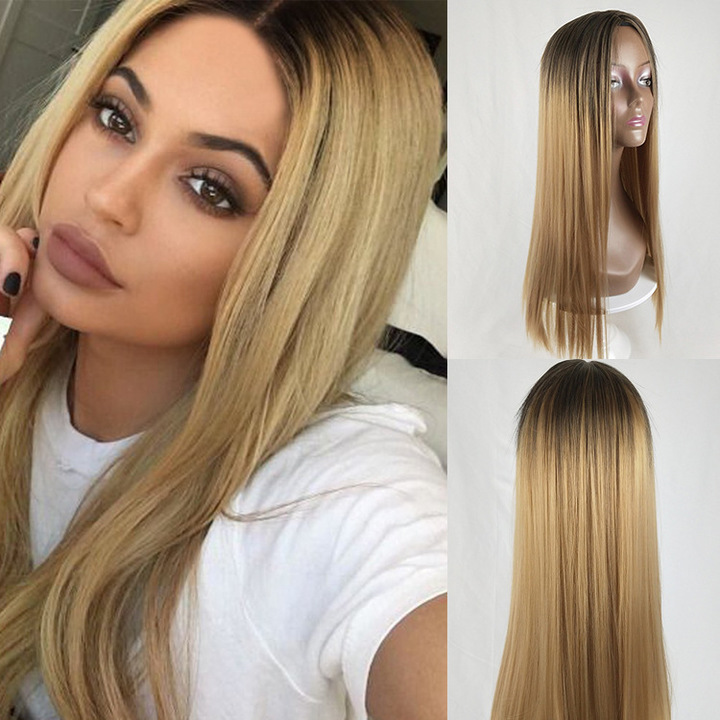 Women&apos;s Long Straight Wig African Colour Gradual Change Fiber Hair Wig