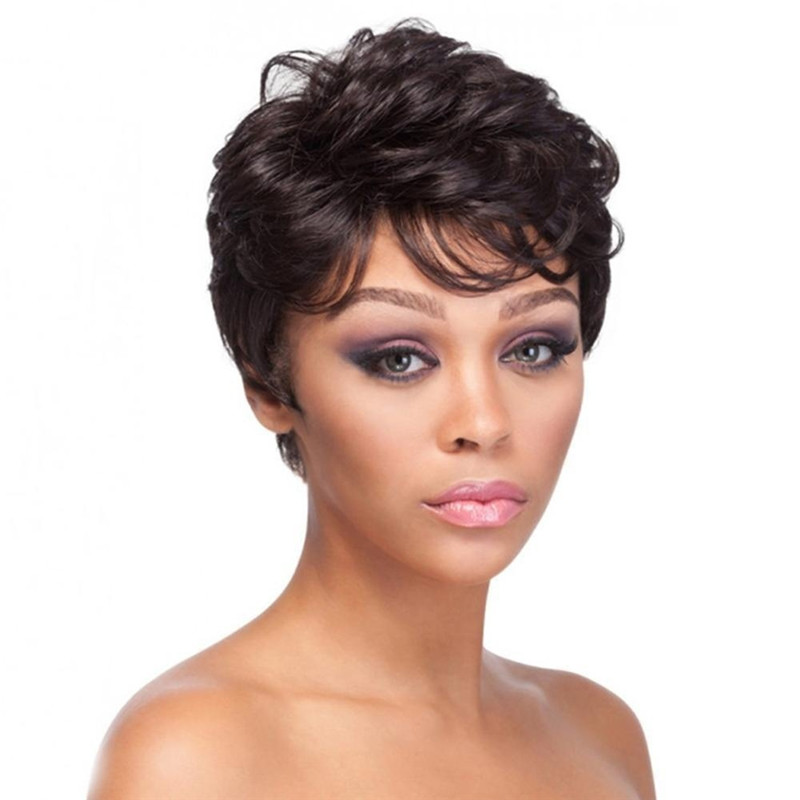 Crazy Discount Lady Short Curly Hairs Wigs Black Synthetic Hair
