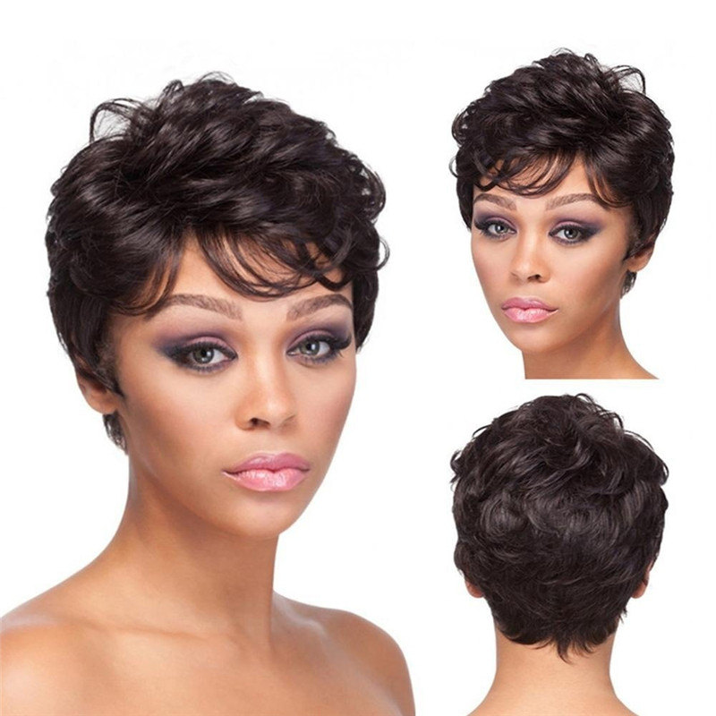 Crazy Discount Lady Short Curly Hairs Wigs Black Synthetic Hair