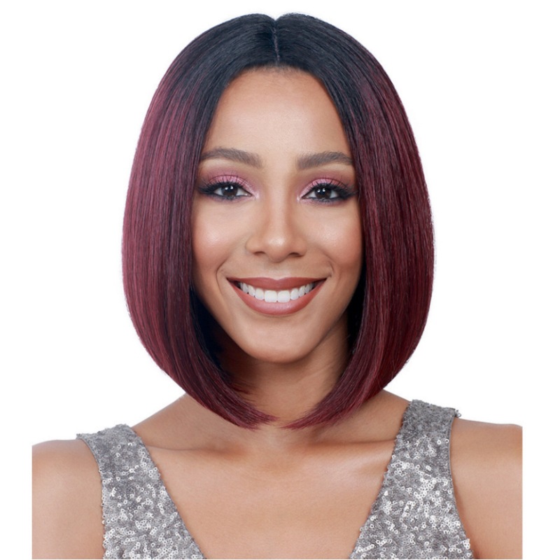 Lady Centre Parting BoBo Hair Wigs Black Gradient Wine Red Short Hair Cover