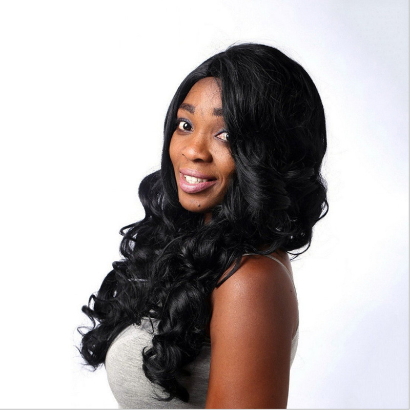 Medium-sized Wavy long curly women's black high-temperature silk wig