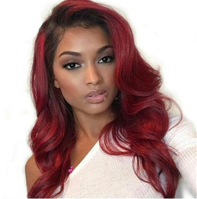 Fashion ladies' wine red long curly hair gradual colors big waves wigs