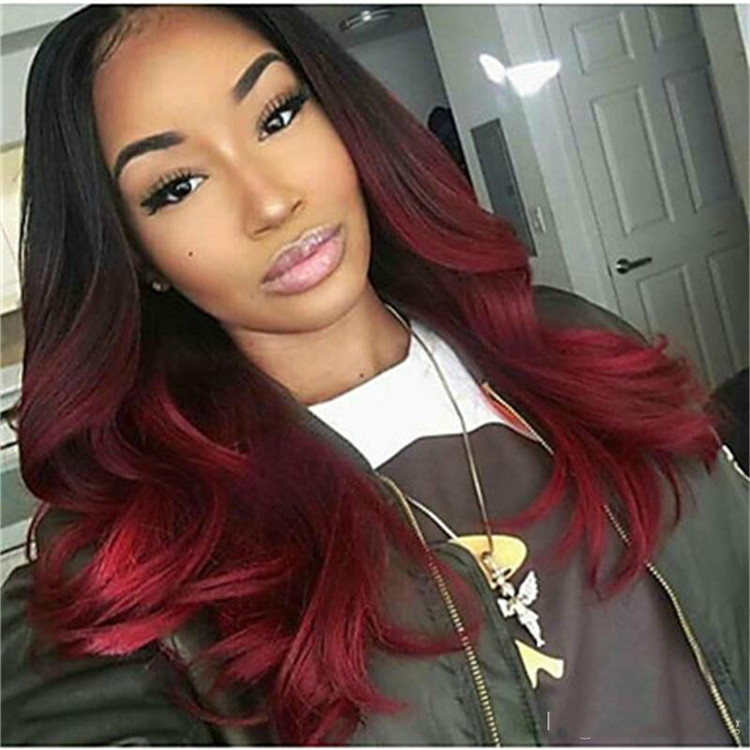 Fashion ladies' wine red long curly hair gradual colors big waves wigs