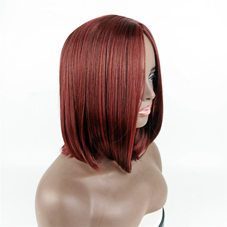 Fashion women's short straight hair side Bobo head wine red high temperature silk headgear wigs