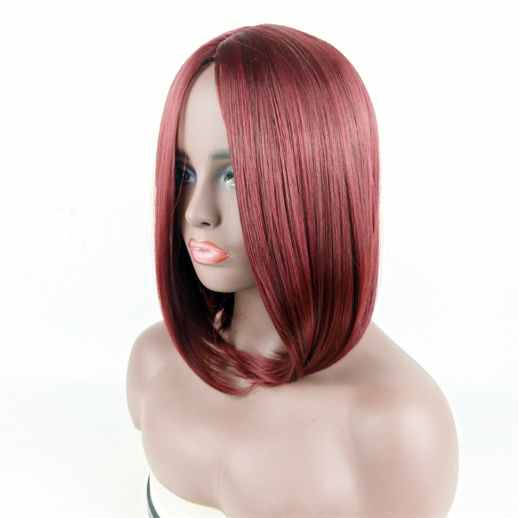 Fashion women's short straight hair side Bobo head wine red high temperature silk headgear wigs