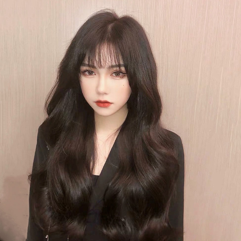 Long curly hair wave temperament silk full head cover bangs big