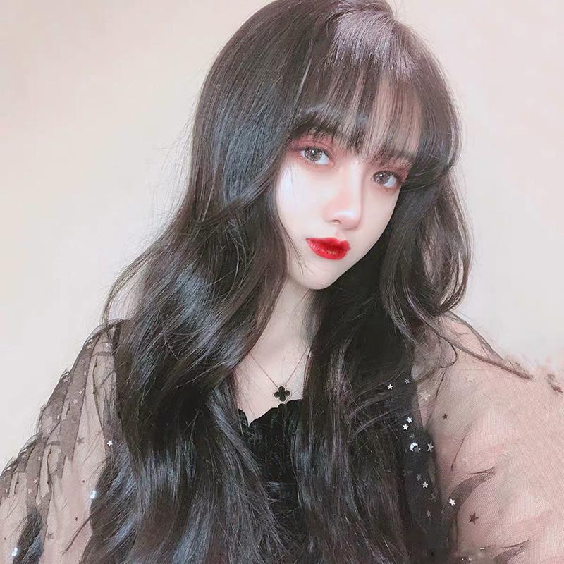 Long curly hair wave temperament silk full head cover bangs big