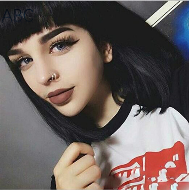 Fashion Bobo head medium length straight hair full head chemical fiber headgear ladies students wigs