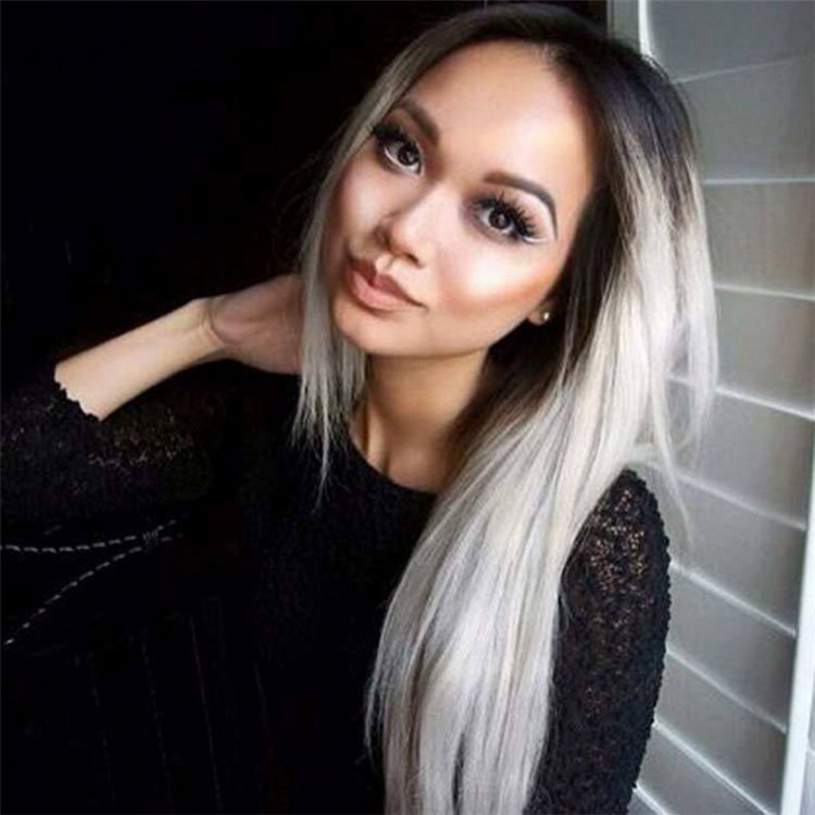 New fashion long straight hair black gradual change gray long straight hair wigs