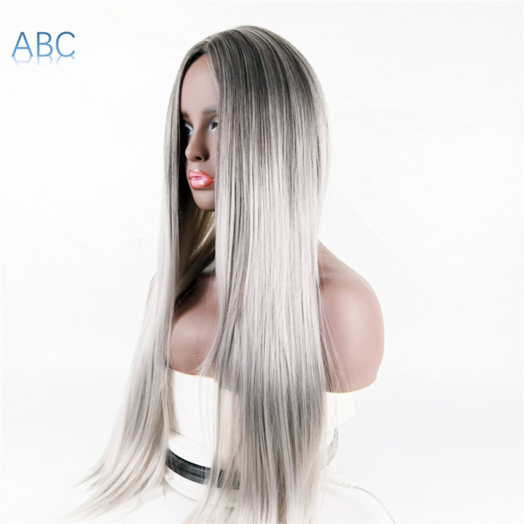 New fashion long straight hair black gradual change gray long straight hair wigs