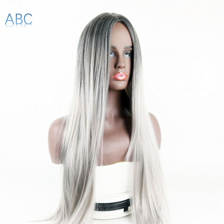 New fashion long straight hair black gradual change gray long straight hair wigs