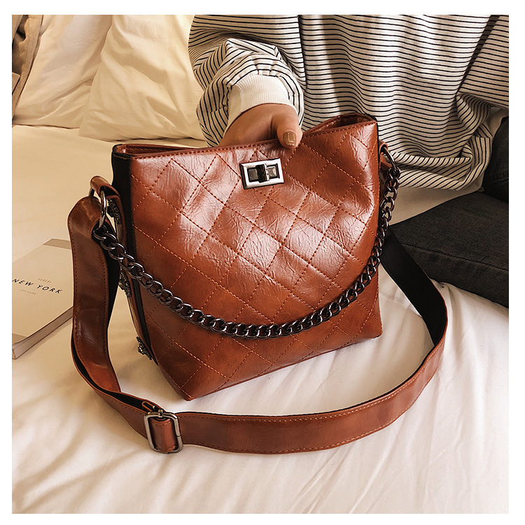 Rhombus Pattern Lady&apos;s Single Shoulder Bag Retro Wax-Leather Mailman&apos;s Bag