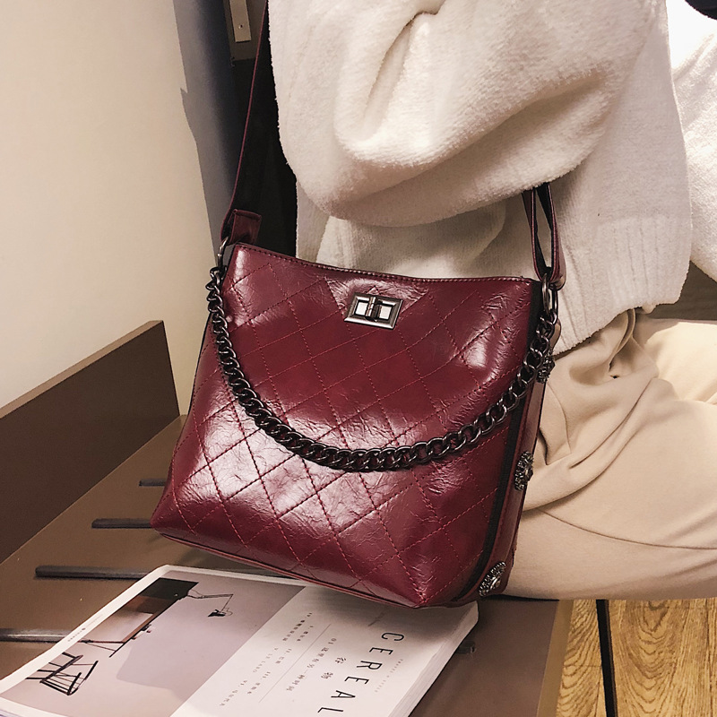 Rhombus Pattern Lady&apos;s Single Shoulder Bag Retro Wax-Leather Mailman&apos;s Bag