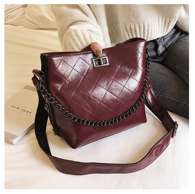 Rhombus Pattern Lady&apos;s Single Shoulder Bag Retro Wax-Leather Mailman&apos;s Bag