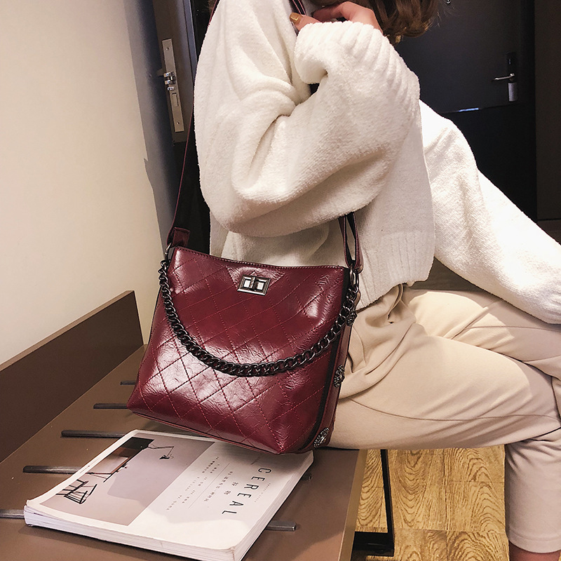 Rhombus Pattern Lady&apos;s Single Shoulder Bag Retro Wax-Leather Mailman&apos;s Bag