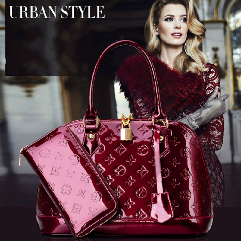 2PCS/SET European and American Simple Handbag Patent Leather Bright Shoulder Bag