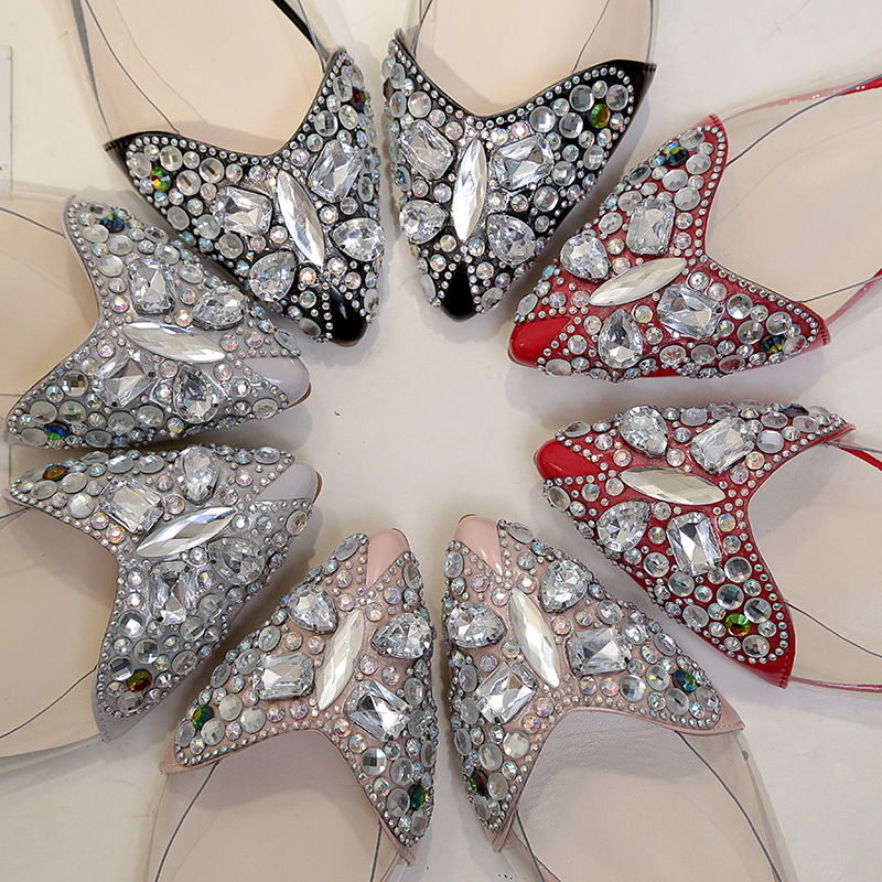 Water drill single shoes women&apos;s flat sole pointed head butterfly color drill shallow mouth shoes