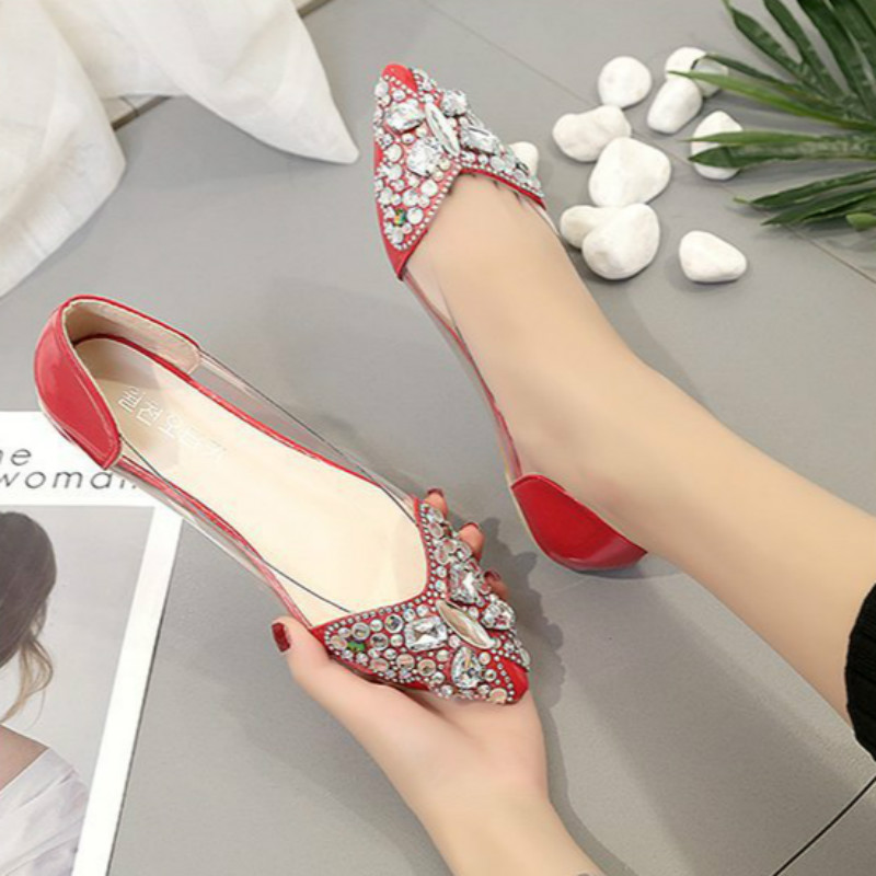 Water drill single shoes women&apos;s flat sole pointed head butterfly color drill shallow mouth shoes