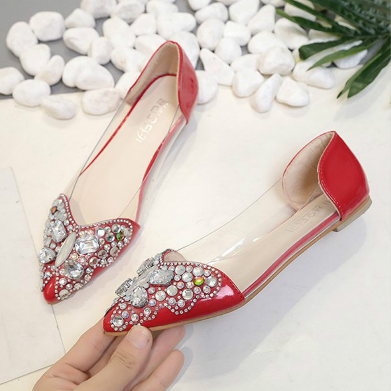Water drill single shoes women&apos;s flat sole pointed head butterfly color drill shallow mouth shoes