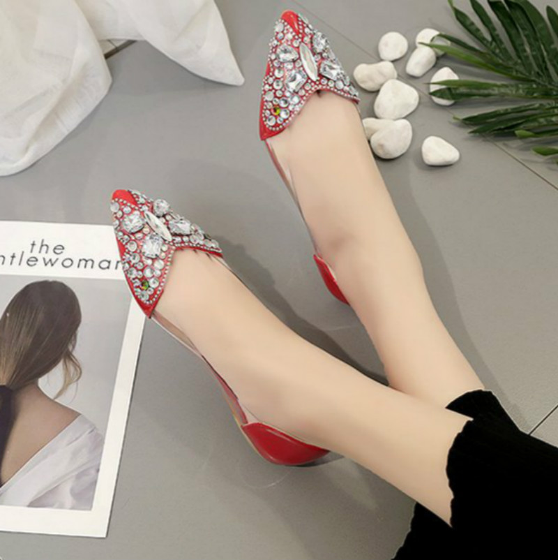 Water drill single shoes women&apos;s flat sole pointed head butterfly color drill shallow mouth shoes