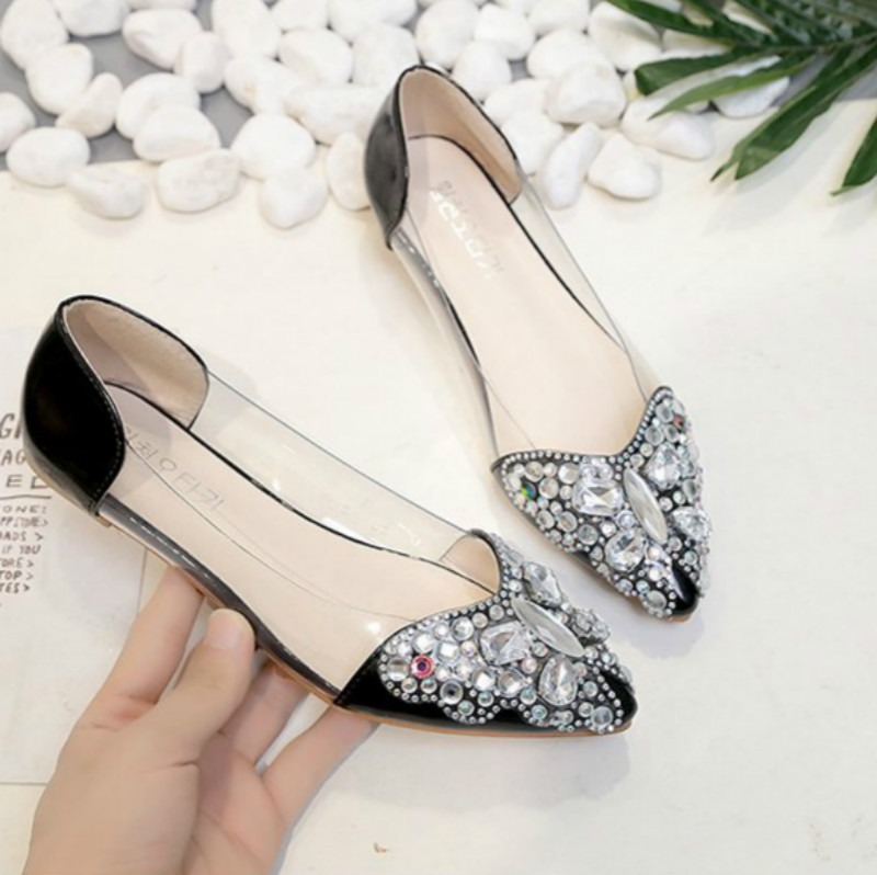 Water drill single shoes women&apos;s flat sole pointed head butterfly color drill shallow mouth shoes
