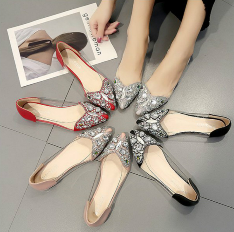 Water drill single shoes women&apos;s flat sole pointed head butterfly color drill shallow mouth shoes