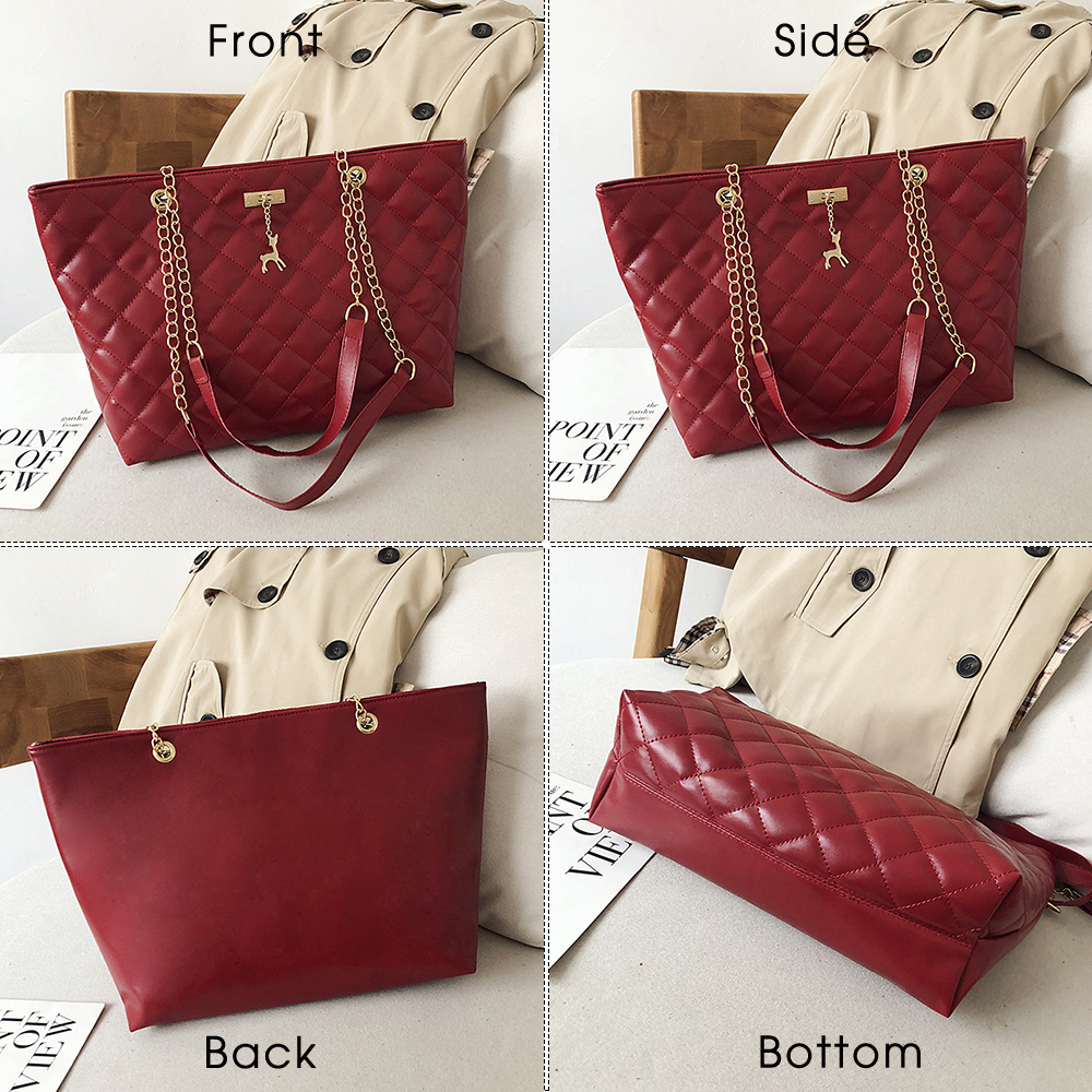 Soft PU leather handbag women's messenger bag chain simple style double shoulder messenger bag women's single shoulder bag women's large bag new Korean version versatile messenger bag embroidery chain