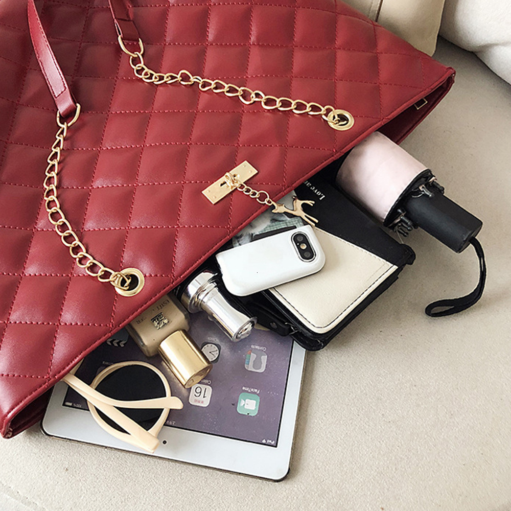 Soft PU leather handbag women's messenger bag chain simple style double shoulder messenger bag women's single shoulder bag women's large bag new Korean version versatile messenger bag embroidery chain