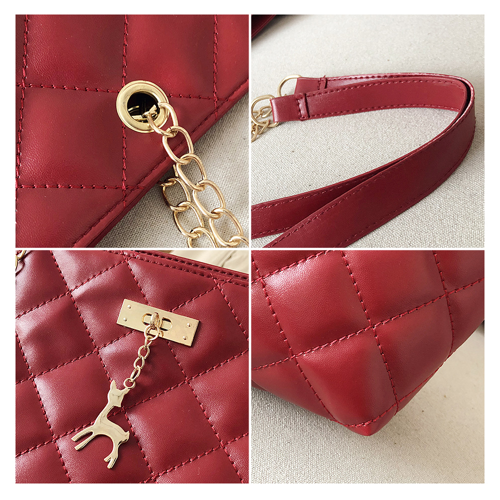 Soft PU leather handbag women's messenger bag chain simple style double shoulder messenger bag women's single shoulder bag women's large bag new Korean version versatile messenger bag embroidery chain